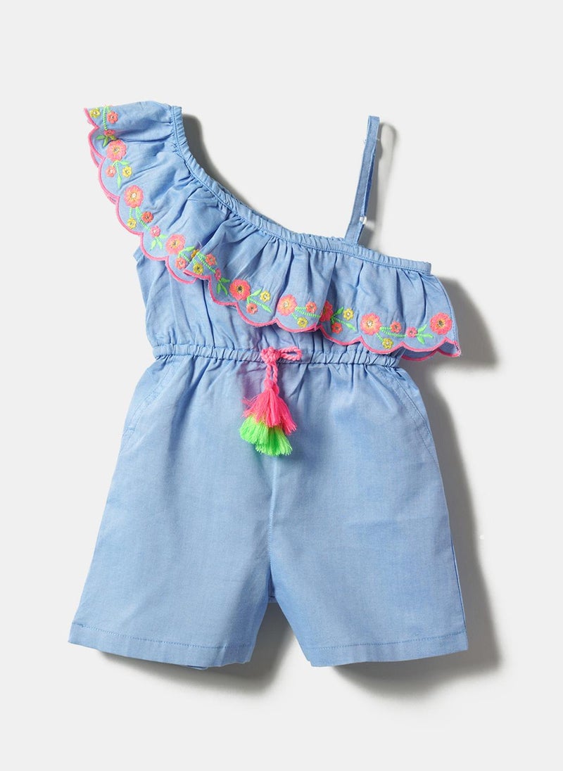 Nautinati Girls' 100% Cotton Floral Embroidered Waist Tie-up One-shoulder Jumpsuit - Image 2